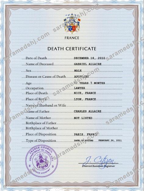 France vital record death certificate PSD template